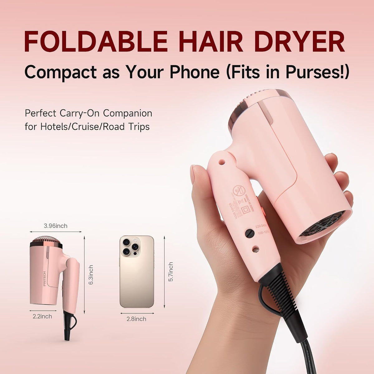 1250W Dual Voltage Travel Hair Dryer with Diffuser,Foldable