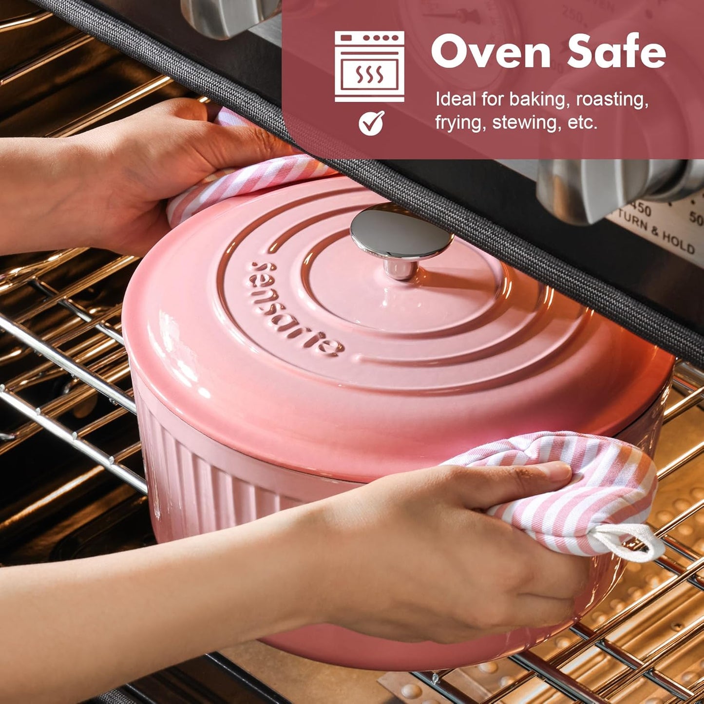 Enameled Cast Iron Dutch Oven Pot with Lid 3.5/5.5/6.5 Quart Heavy-Duty Round Dual Handles Kitchen Pot with Cotton Potholders & Silicone Trivet, Pot for Bread Baking, Stews, Braising, Roasting, Oven Safe, 3.5 Quart, Pink