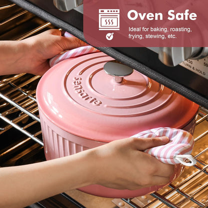 Enameled Cast Iron Dutch Oven Pot with Lid 3.5/5.5/6.5 Quart Heavy-Duty Round Dual Handles Kitchen Pot with Cotton Potholders & Silicone Trivet, Pot for Bread Baking, Stews, Braising, Roasting, Oven Safe, 3.5 Quart, Pink