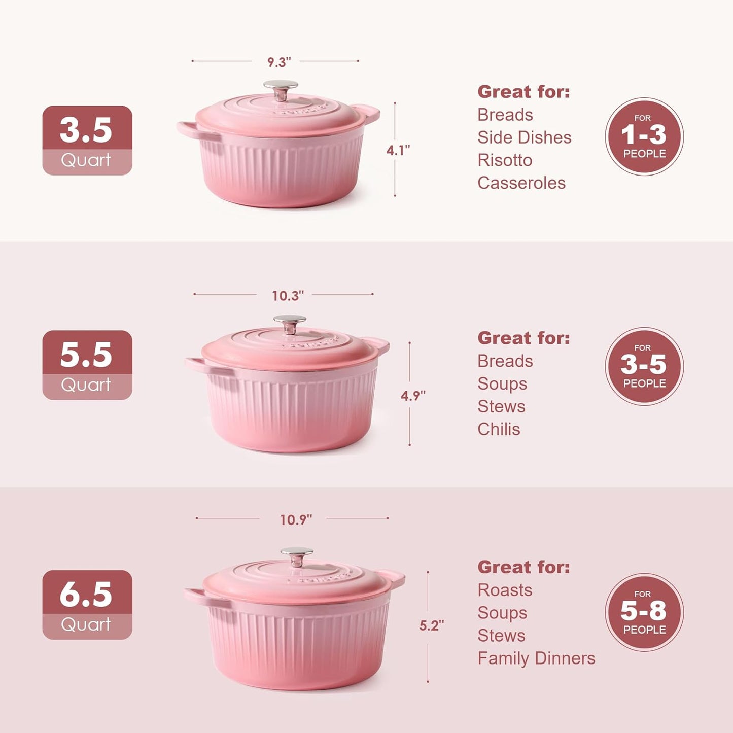 Enameled Cast Iron Dutch Oven Pot with Lid 3.5/5.5/6.5 Quart Heavy-Duty Round Dual Handles Kitchen Pot with Cotton Potholders & Silicone Trivet, Pot for Bread Baking, Stews, Braising, Roasting, Oven Safe, 3.5 Quart, Pink