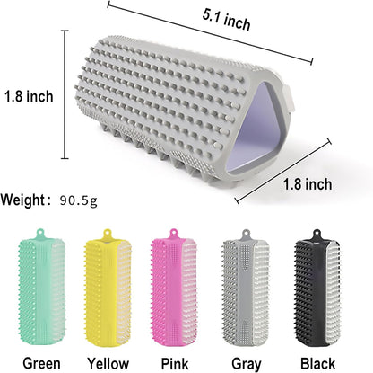 Triangular Wrap-Around Pet Grooming & Bath Brush for Dogs & Cats – 3-in-1 Silicone Dog Bath Brush with Deshedding Bristles, Massage Cones & Deep Cleaning Nubs, Soft Flexible Self-Cleaning Design,Pink