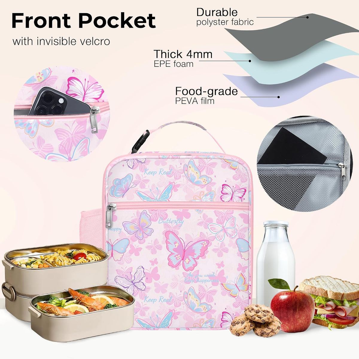 Kid Lunch Box for Girl Insulated Lunch Bag Back to School, Pink