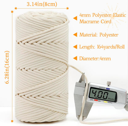 Polyester Cord 4mm x 164 Yards Thick Crochet Cord, Braided Macrame Cord 4mm Polyester Yarn for Crocheting Bags/Baskets, Macrame Projects, Decoration, DIY Crafts