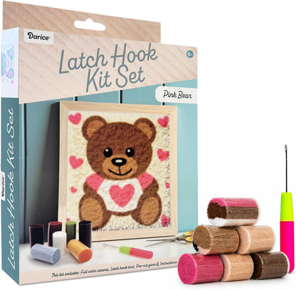 Latch Hook Rug Kit, Pink Bear Design DIY Latch Hook Kit for Kids & Adults, Color Canvas, PreCut Yarn & Hook Tool, Craft Activity & Gift for Kids