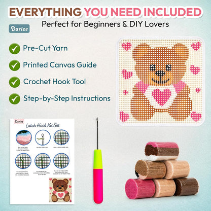 Latch Hook Rug Kit, Pink Bear Design DIY Latch Hook Kit for Kids & Adults, Color Canvas, PreCut Yarn & Hook Tool, Craft Activity & Gift for Kids