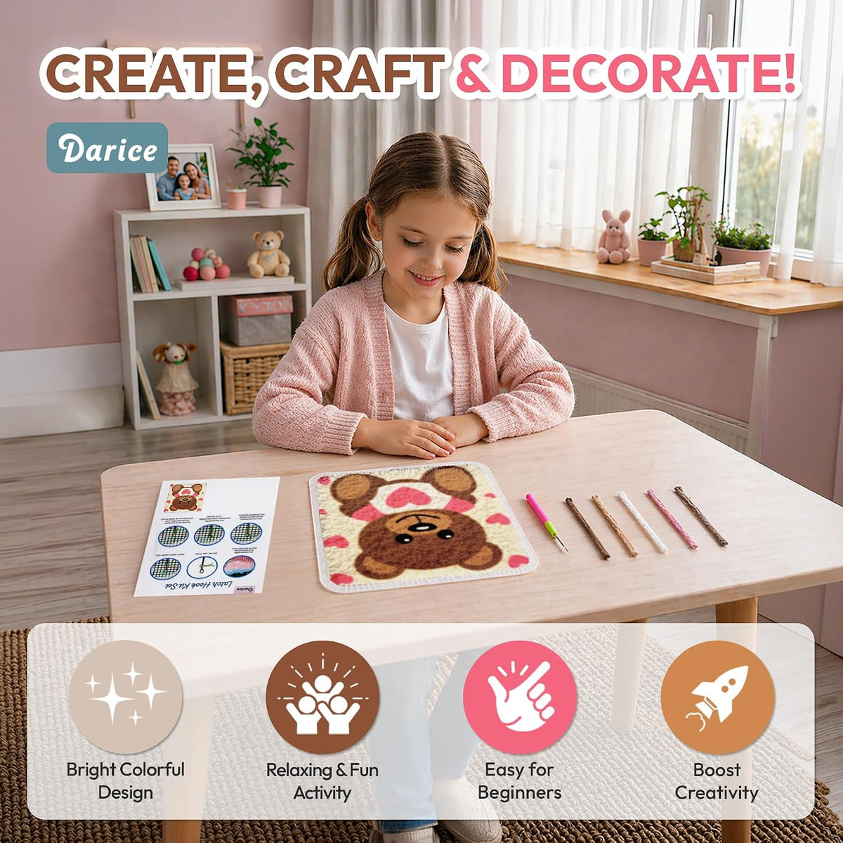 Latch Hook Rug Kit, Pink Bear Design DIY Latch Hook Kit for Kids & Adults, Color Canvas, PreCut Yarn & Hook Tool, Craft Activity & Gift for Kids