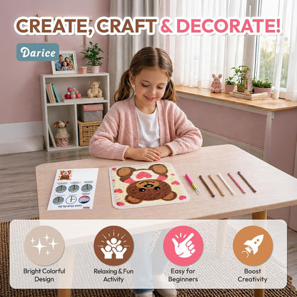 Latch Hook Rug Kit, Pink Bear Design DIY Latch Hook Kit for Kids & Adults, Color Canvas, PreCut Yarn & Hook Tool, Craft Activity & Gift for Kids