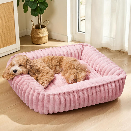 Calming Dog Bed for Small Dogs 20''x16'', Rectangle Orthopedic Soft Cat Bed for Indoor Cats, Washable Anti-Anxiety Cozy Pet Sofa Beds with Anti-Slip Bottom, Pink