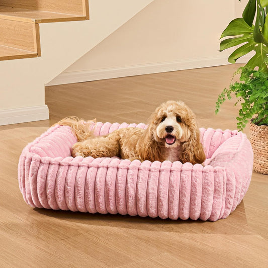 Calming Dog Bed for Small Dogs 20''x16'', Rectangle Orthopedic Soft Cat Bed for Indoor Cats, Washable Anti-Anxiety Cozy Pet Sofa Beds with Anti-Slip Bottom, Pink