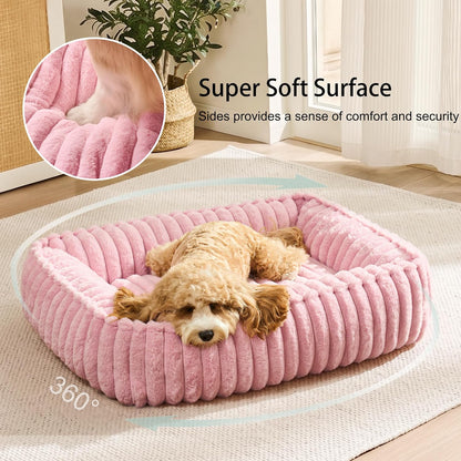 Calming Dog Bed for Small Dogs 20''x16'', Rectangle Orthopedic Soft Cat Bed for Indoor Cats, Washable Anti-Anxiety Cozy Pet Sofa Beds with Anti-Slip Bottom, Pink