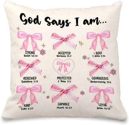 God Says I Am Bible Pillow Covers 18x18 - Pink Coquette Bow Bible Verse Throw Pillow Covers, Coquette Room Decor, Inspirational Coquette Christian Gifts for Women
