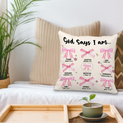 God Says I Am Bible Pillow Covers 18x18 - Pink Coquette Bow Bible Verse Throw Pillow Covers, Coquette Room Decor, Inspirational Coquette Christian Gifts for Women