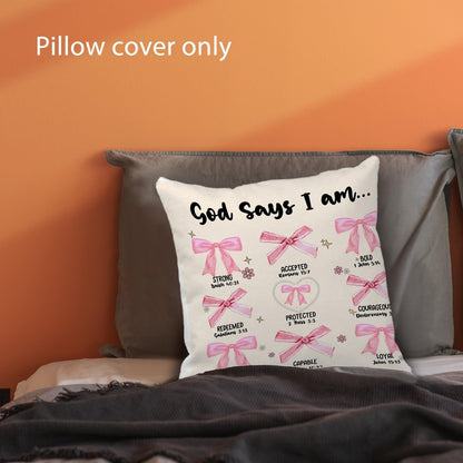 God Says I Am Bible Pillow Covers 18x18 - Pink Coquette Bow Bible Verse Throw Pillow Covers, Coquette Room Decor, Inspirational Coquette Christian Gifts for Women