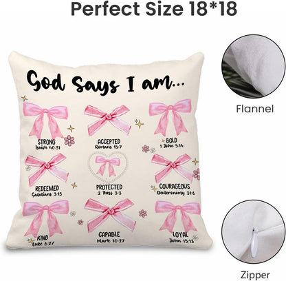 God Says I Am Bible Pillow Covers 18x18 - Pink Coquette Bow Bible Verse Throw Pillow Covers, Coquette Room Decor, Inspirational Coquette Christian Gifts for Women
