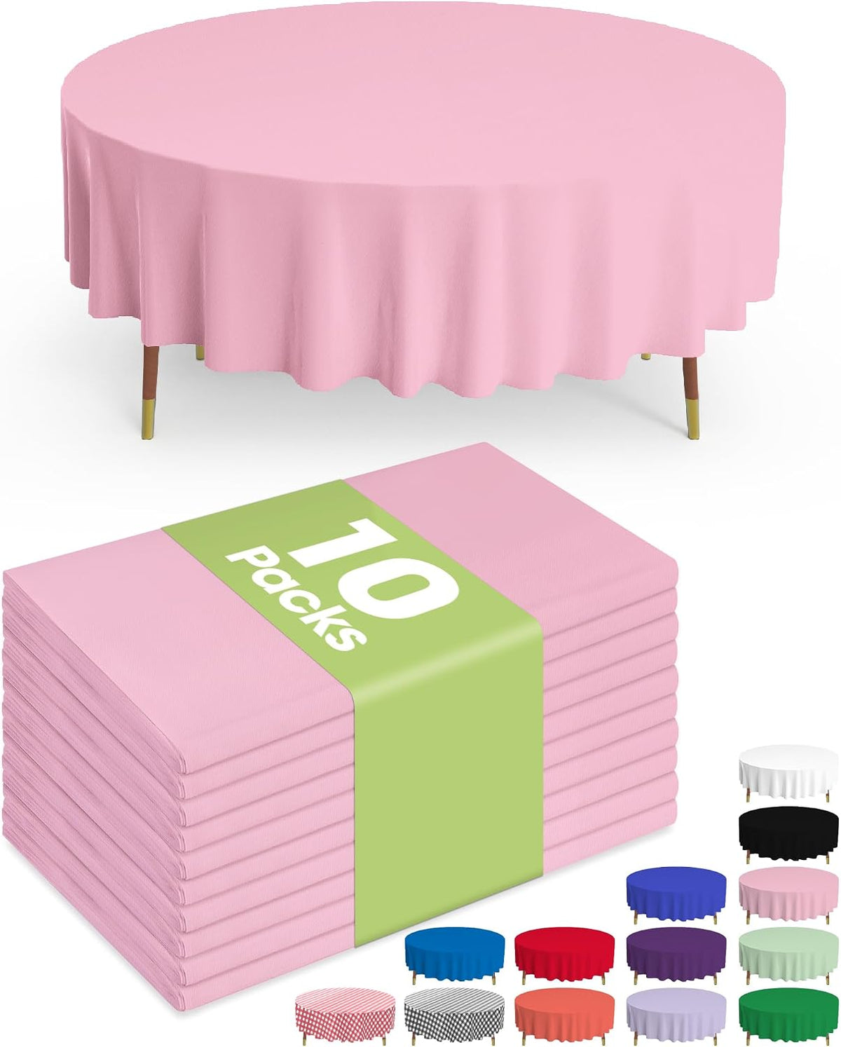 Plastic Table Cloth Disposable 10 Pack, 84'' Round Table Cloths, Easter Party, Valentines, Mothers Day Decorations, Tablecloths, Round, Pastel Plastic Cover, Leakproof & Sturdy, Pink