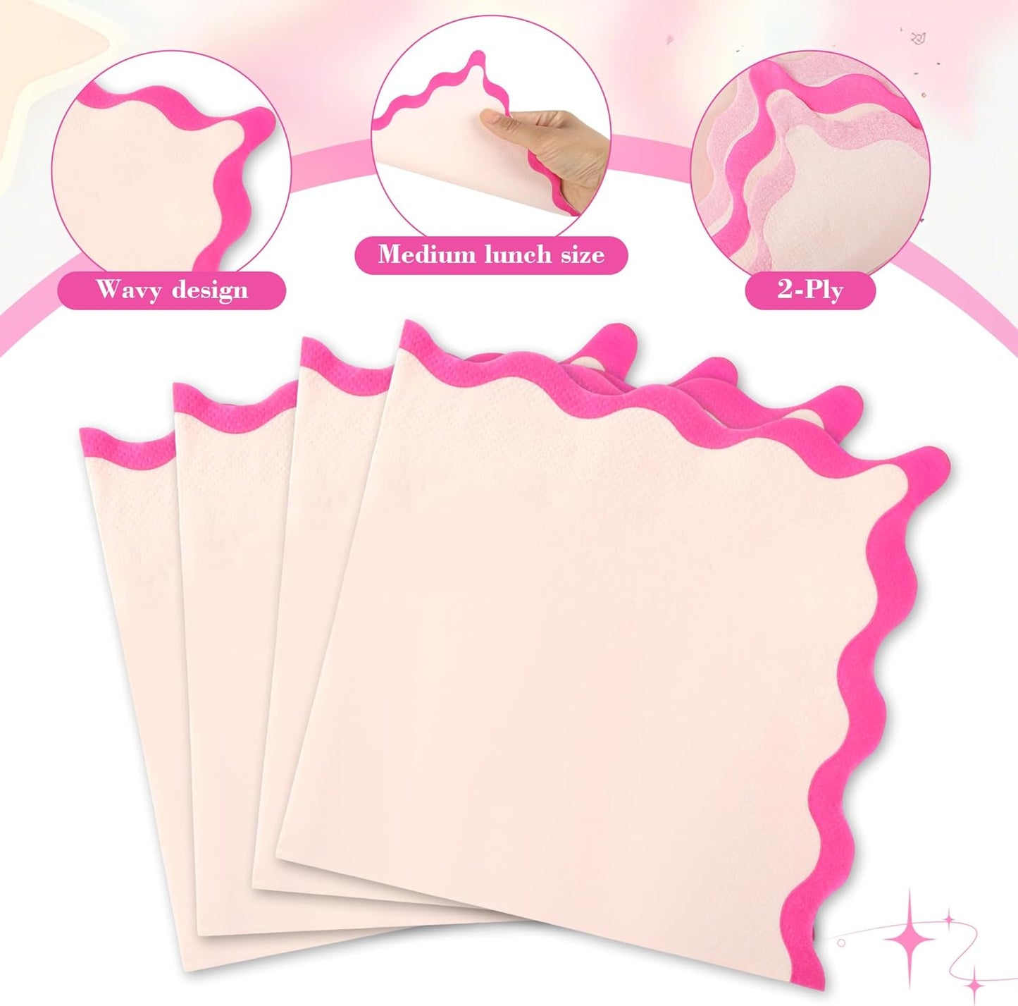 100 Pcs Pink Scalloped Paper Napkins Pink Wavy Edge Summer 6.5" Disposable Luncheon Napkins for Mothers Day Wedding Baby Shower Bachelorette Birthday Party Supplies Table Decor