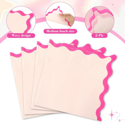 100 Pcs Pink Scalloped Paper Napkins Pink Wavy Edge Summer 6.5" Disposable Luncheon Napkins for Mothers Day Wedding Baby Shower Bachelorette Birthday Party Supplies Table Decor