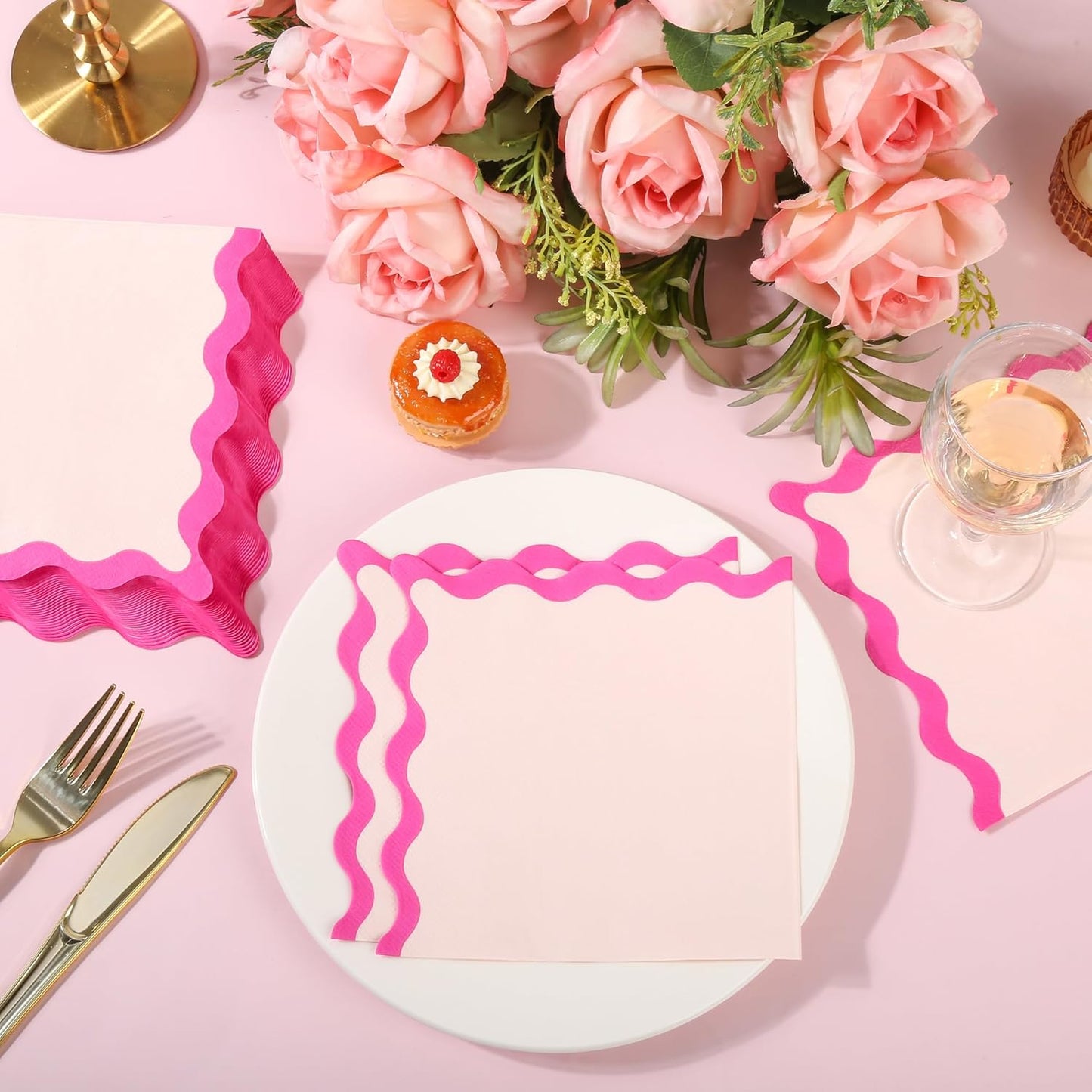 100 Pcs Pink Scalloped Paper Napkins Pink Wavy Edge Summer 6.5" Disposable Luncheon Napkins for Mothers Day Wedding Baby Shower Bachelorette Birthday Party Supplies Table Decor