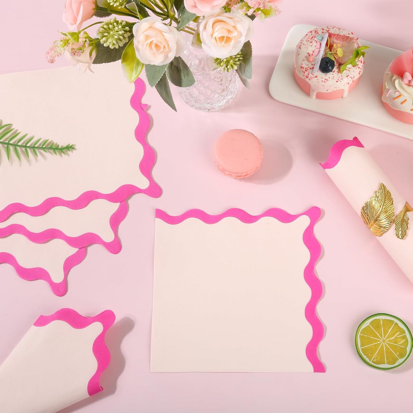 100 Pcs Pink Scalloped Paper Napkins Pink Wavy Edge Summer 6.5" Disposable Luncheon Napkins for Mothers Day Wedding Baby Shower Bachelorette Birthday Party Supplies Table Decor