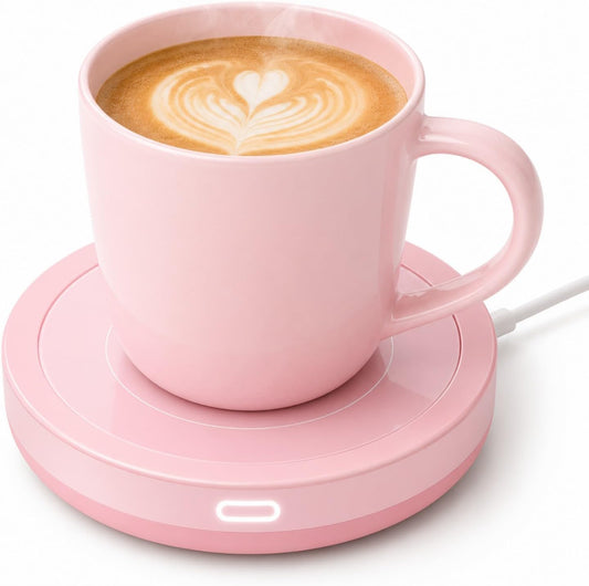 Smart Coffee Set Auto On/Off Gravity-induction Mug Office Desk Use, Candle Wax Cup Warmer Heating Plate (Up To 131F/55C), 14oz (Pink Set)