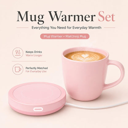 Smart Coffee Set Auto On/Off Gravity-induction Mug Office Desk Use, Candle Wax Cup Warmer Heating Plate (Up To 131F/55C), 14oz (Pink Set)