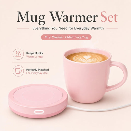 Smart Coffee Set Auto On/Off Gravity-induction Mug Office Desk Use, Candle Wax Cup Warmer Heating Plate (Up To 131F/55C), 14oz (Pink Set)