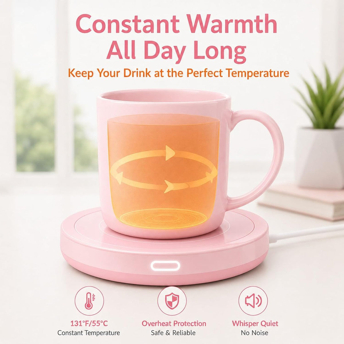 Smart Coffee Set Auto On/Off Gravity-induction Mug Office Desk Use, Candle Wax Cup Warmer Heating Plate (Up To 131F/55C), 14oz (Pink Set)