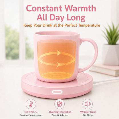 Smart Coffee Set Auto On/Off Gravity-induction Mug Office Desk Use, Candle Wax Cup Warmer Heating Plate (Up To 131F/55C), 14oz (Pink Set)