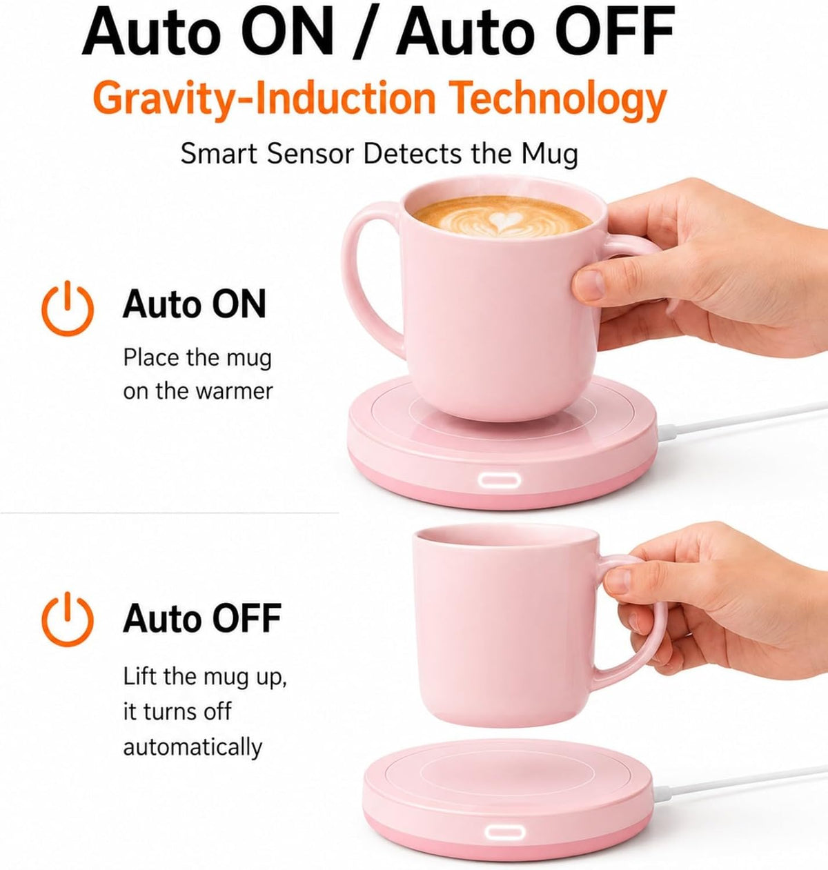 Smart Coffee Set Auto On/Off Gravity-induction Mug Office Desk Use, Candle Wax Cup Warmer Heating Plate (Up To 131F/55C), 14oz (Pink Set)