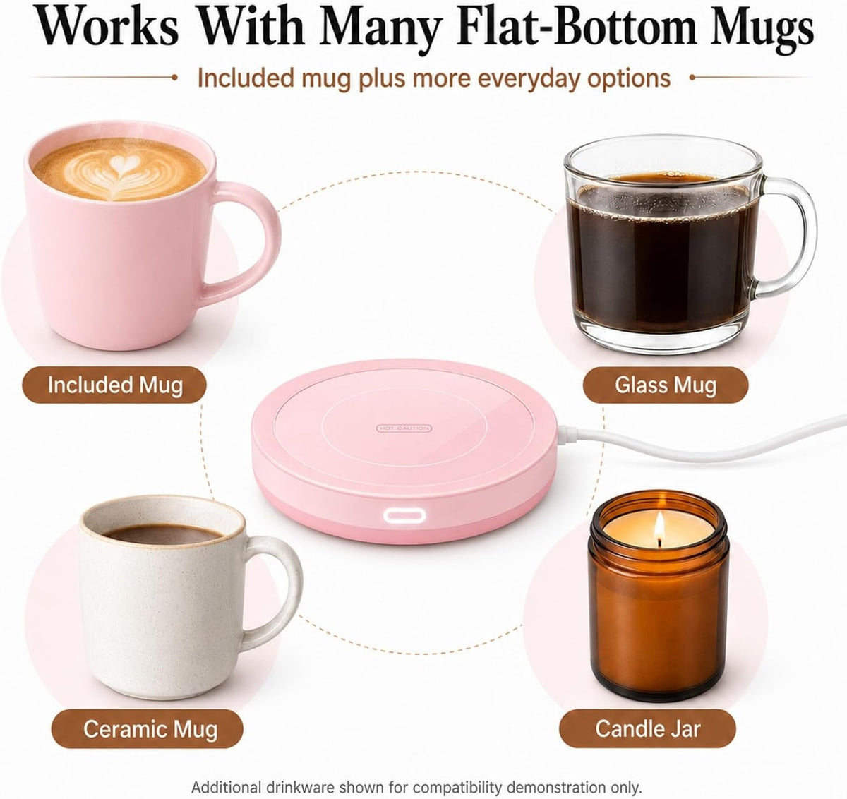 Smart Coffee Set Auto On/Off Gravity-induction Mug Office Desk Use, Candle Wax Cup Warmer Heating Plate (Up To 131F/55C), 14oz (Pink Set)
