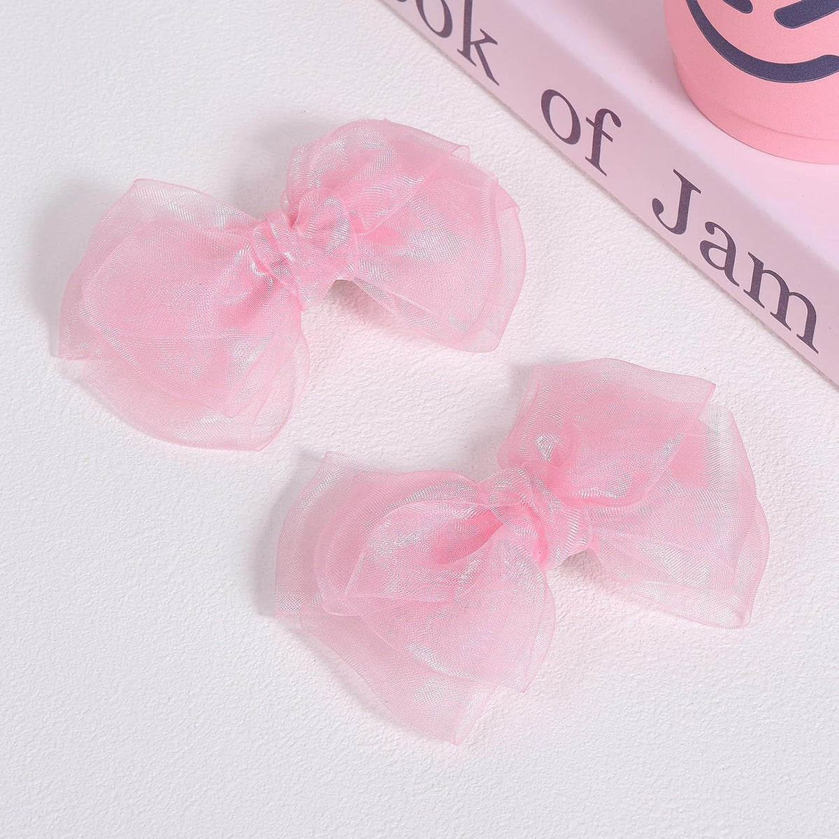 Pink Hair Bows Barrettes Mesh Bow Clips 4" Organza Double Tulle Bowknot Hairpins Handmade Birthday Dress outfit Decor Accessories Gift for Teens Toddler Girls Children Kids Women
