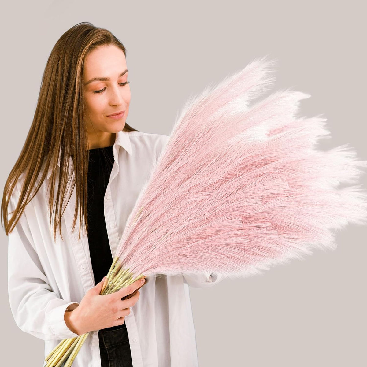 8 Pcs Light Pink Tall Faux Pampas Grass Decor, 45 Inches Artificial Pampas Grass Bulk, Large Faux Pompas Dried Decor for Floor Vase Filler, Home Boho, Wedding Anniversaries, Baby Shower Decoration
