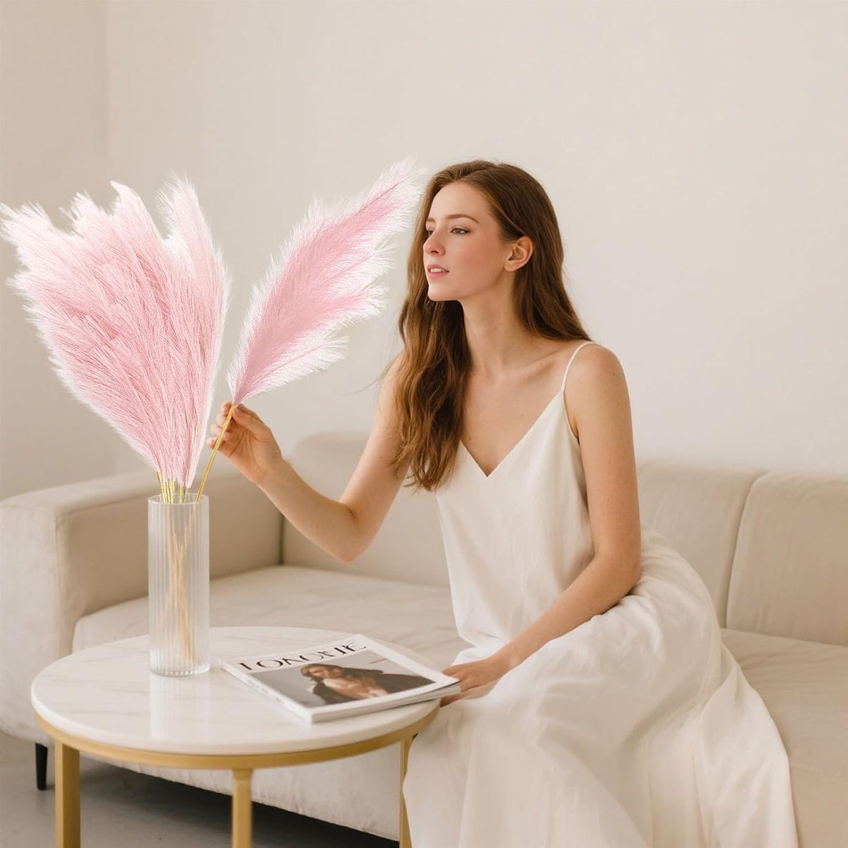 8 Pcs Light Pink Tall Faux Pampas Grass Decor, 45 Inches Artificial Pampas Grass Bulk, Large Faux Pompas Dried Decor for Floor Vase Filler, Home Boho, Wedding Anniversaries, Baby Shower Decoration
