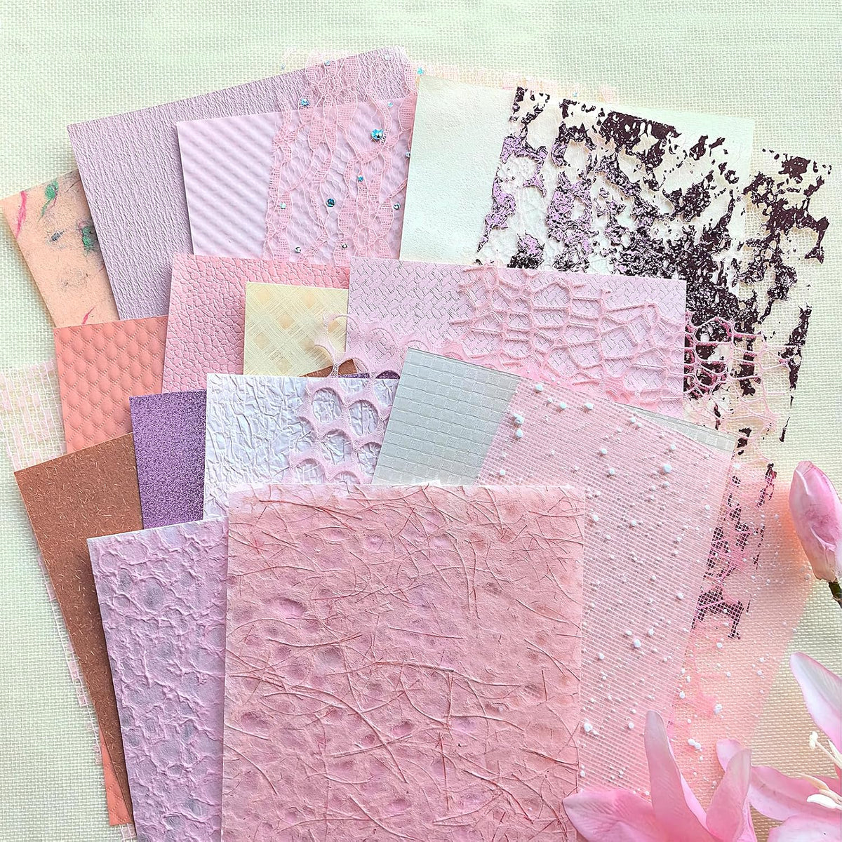 20 Unique A5 Textured Scrapbook Paper & Mesh Fabric Set, Handmade Craft Paper for Scrapbooking, Junk Journal Supplies, Card Making, Decoupage, Collage & Gift Embellishments (Pink)