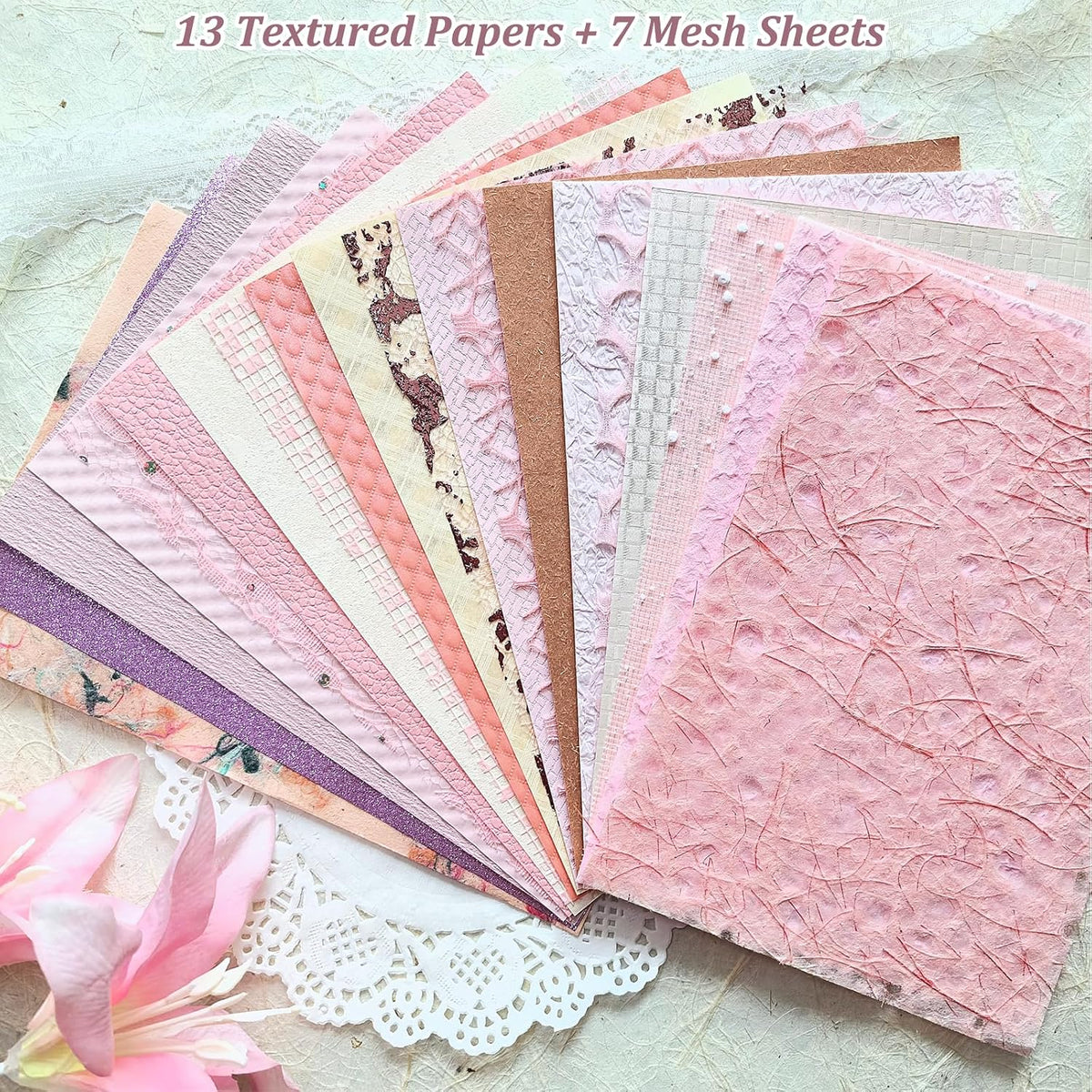 20 Unique A5 Textured Scrapbook Paper & Mesh Fabric Set, Handmade Craft Paper for Scrapbooking, Junk Journal Supplies, Card Making, Decoupage, Collage & Gift Embellishments (Pink)