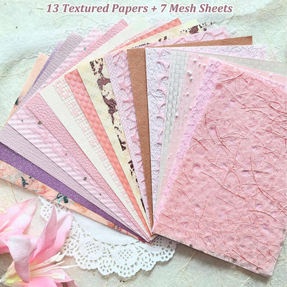 20 Unique A5 Textured Scrapbook Paper & Mesh Fabric Set, Handmade Craft Paper for Scrapbooking, Junk Journal Supplies, Card Making, Decoupage, Collage & Gift Embellishments (Pink)
