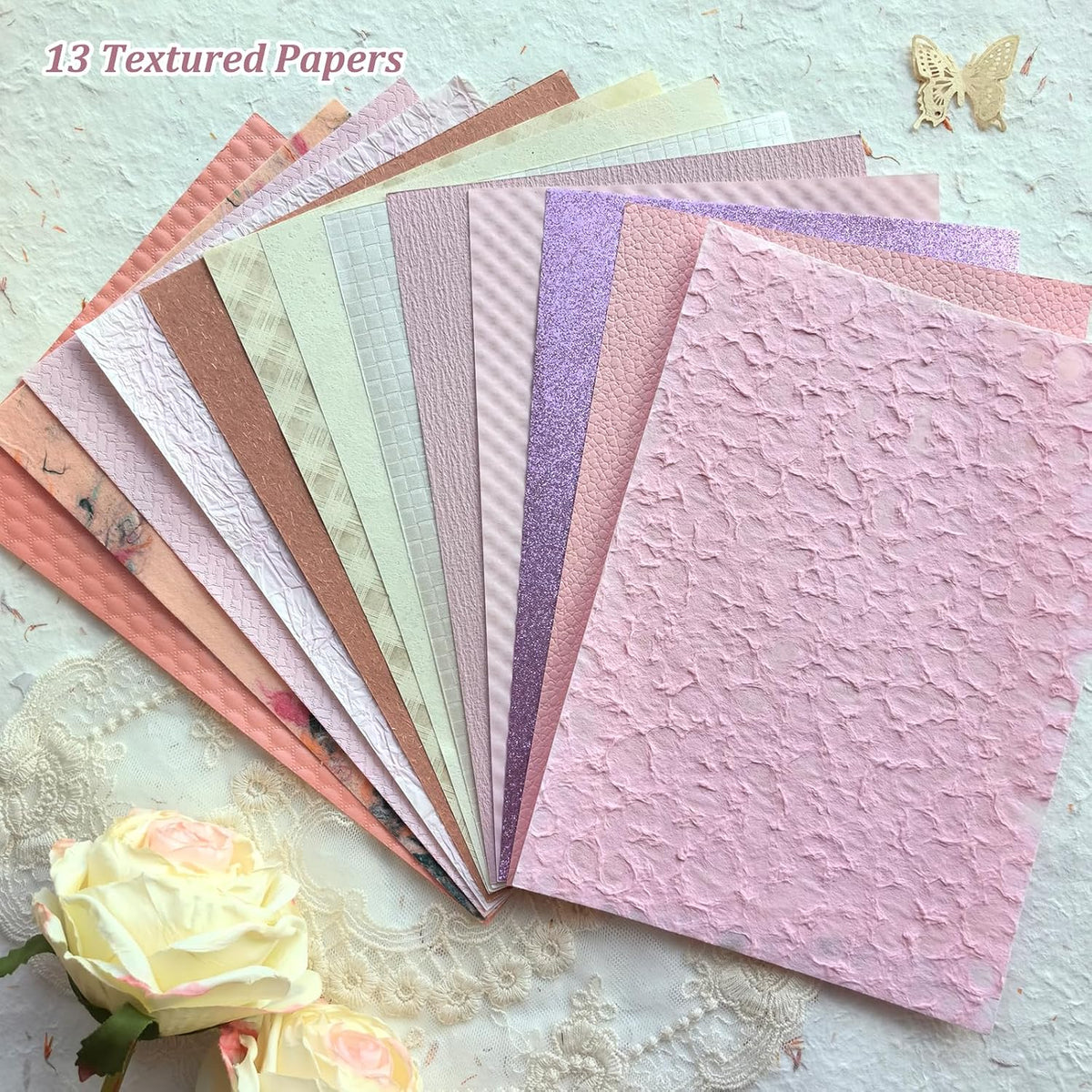 20 Unique A5 Textured Scrapbook Paper & Mesh Fabric Set, Handmade Craft Paper for Scrapbooking, Junk Journal Supplies, Card Making, Decoupage, Collage & Gift Embellishments (Pink)
