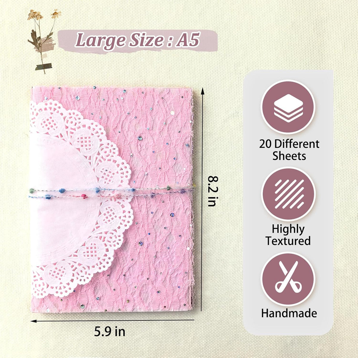 20 Unique A5 Textured Scrapbook Paper & Mesh Fabric Set, Handmade Craft Paper for Scrapbooking, Junk Journal Supplies, Card Making, Decoupage, Collage & Gift Embellishments (Pink)