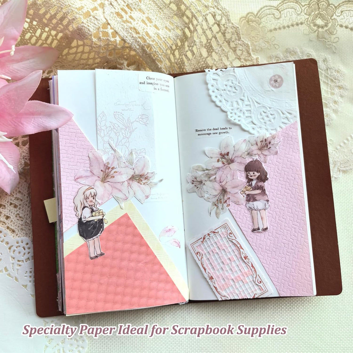 20 Unique A5 Textured Scrapbook Paper & Mesh Fabric Set, Handmade Craft Paper for Scrapbooking, Junk Journal Supplies, Card Making, Decoupage, Collage & Gift Embellishments (Pink)