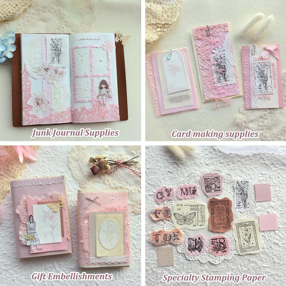 20 Unique A5 Textured Scrapbook Paper & Mesh Fabric Set, Handmade Craft Paper for Scrapbooking, Junk Journal Supplies, Card Making, Decoupage, Collage & Gift Embellishments (Pink)
