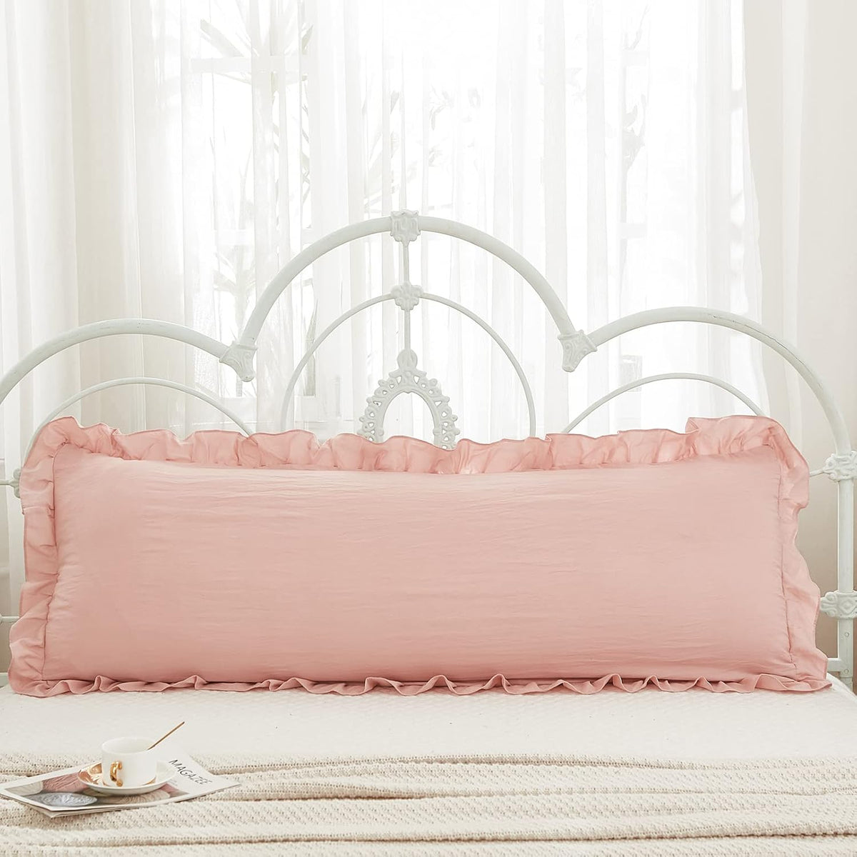 Pink Body Pillow Cover 20x54inches Long Pillowcase Ruffled Pillowcases Shabby Chic Ruffled Fringe Decor Body Ruffled Pillow Sham Cute Pillowcase (1 Body, Pink)