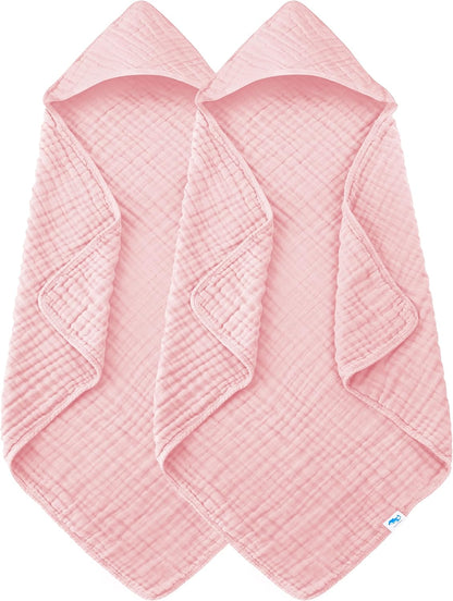 Muslin Hooded Baby Bath Towels - 2 Pack 100% Cotton Towel for Babies, Infants, Toddlers - 32x32Inch - Highly Absorbent and Newborn Essential, Pink