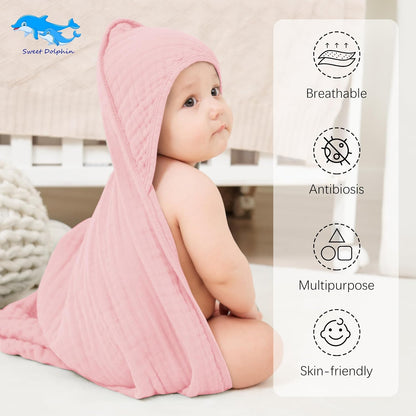 Muslin Hooded Baby Bath Towels - 2 Pack 100% Cotton Towel for Babies, Infants, Toddlers - 32x32Inch - Highly Absorbent and Newborn Essential, Pink