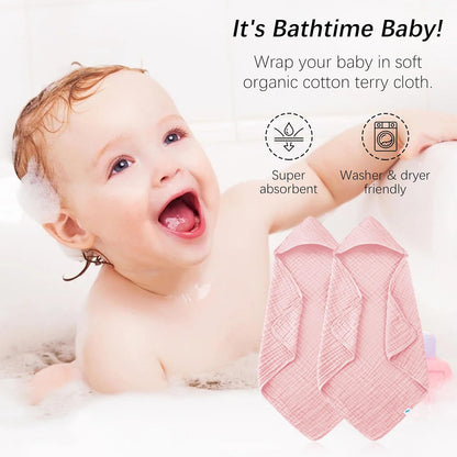 Muslin Hooded Baby Bath Towels - 2 Pack 100% Cotton Towel for Babies, Infants, Toddlers - 32x32Inch - Highly Absorbent and Newborn Essential, Pink