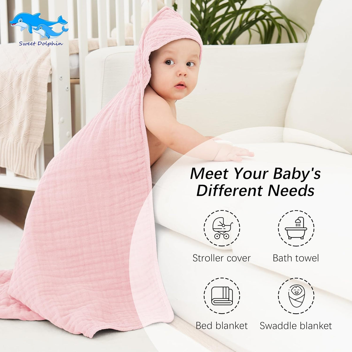 Muslin Hooded Baby Bath Towels - 2 Pack 100% Cotton Towel for Babies, Infants, Toddlers - 32x32Inch - Highly Absorbent and Newborn Essential, Pink
