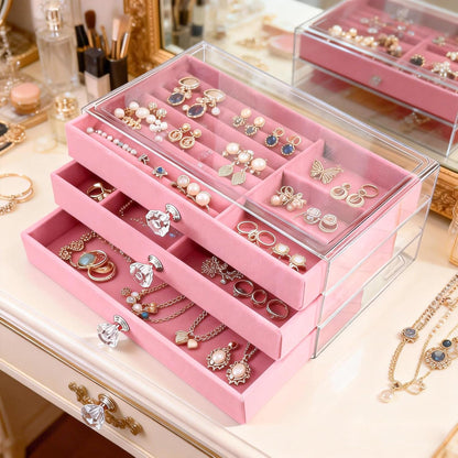 Clear Acrylic Velvet Jewelry Organizer with 3 Drawers, Stackable Display Storage Earrings Necklace Rings Bracelets Box Holder Case for Women, Pink