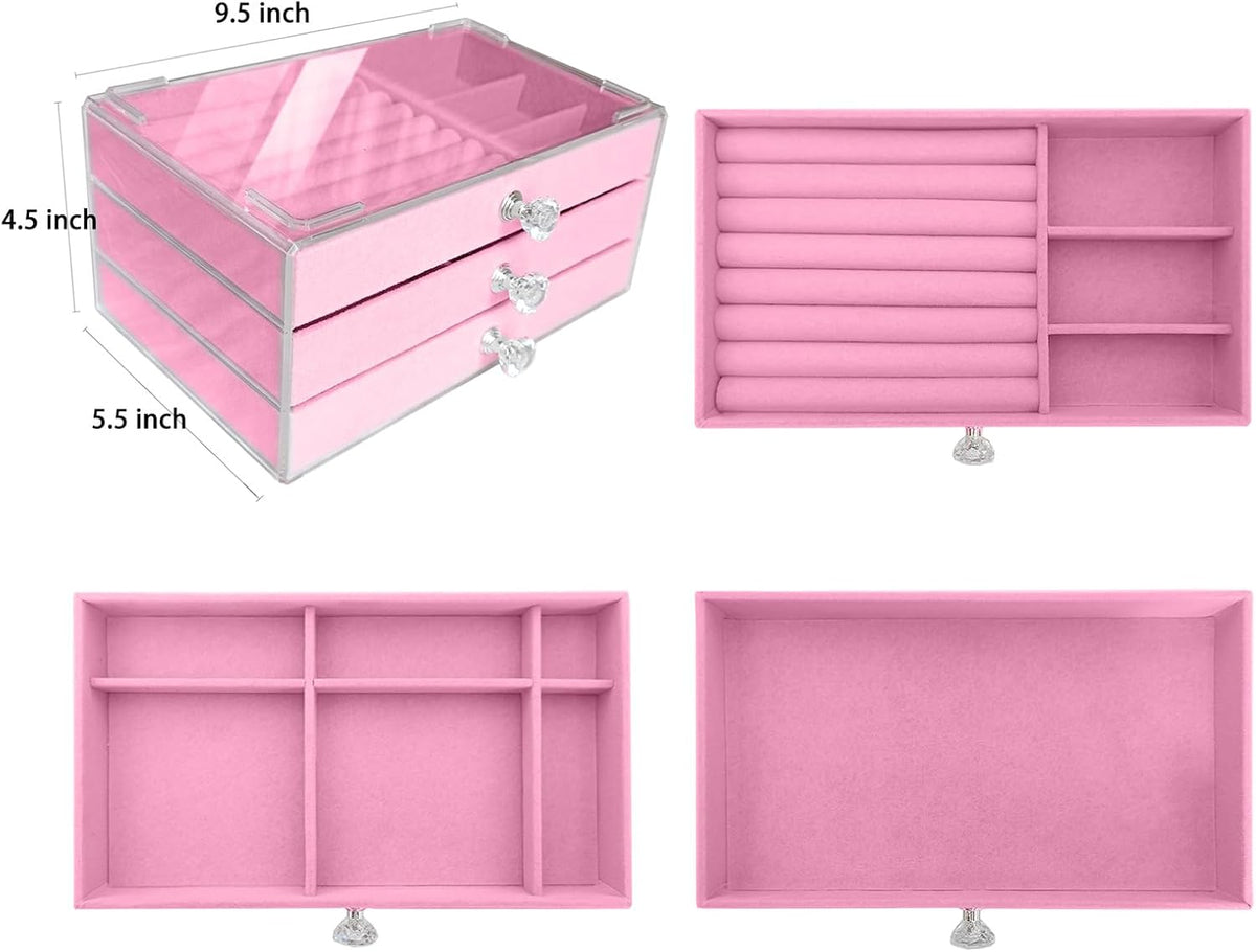 Clear Acrylic Velvet Jewelry Organizer with 3 Drawers, Stackable Display Storage Earrings Necklace Rings Bracelets Box Holder Case for Women, Pink