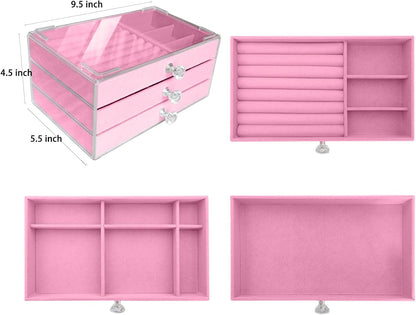 Clear Acrylic Velvet Jewelry Organizer with 3 Drawers, Stackable Display Storage Earrings Necklace Rings Bracelets Box Holder Case for Women, Pink