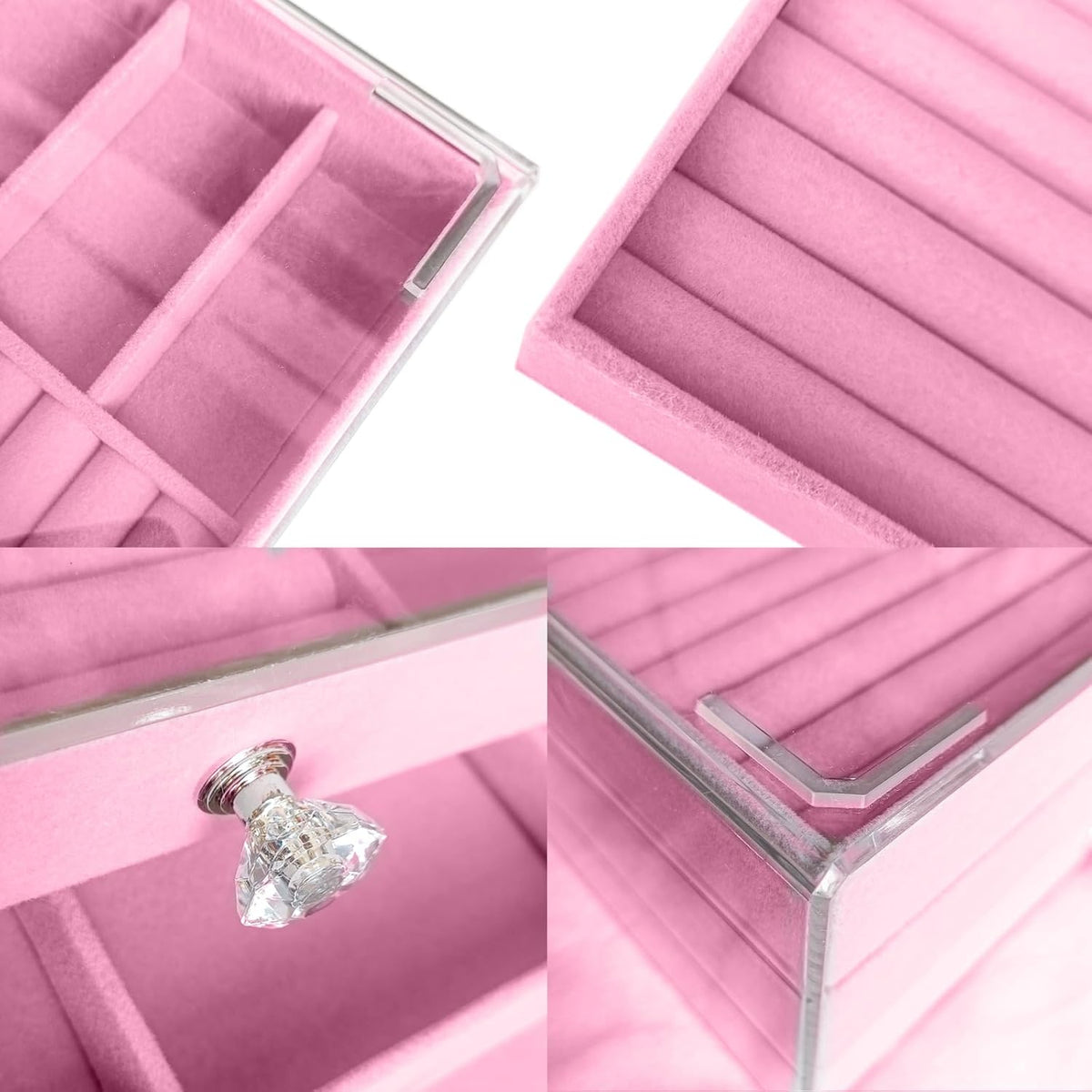 Clear Acrylic Velvet Jewelry Organizer with 3 Drawers, Stackable Display Storage Earrings Necklace Rings Bracelets Box Holder Case for Women, Pink