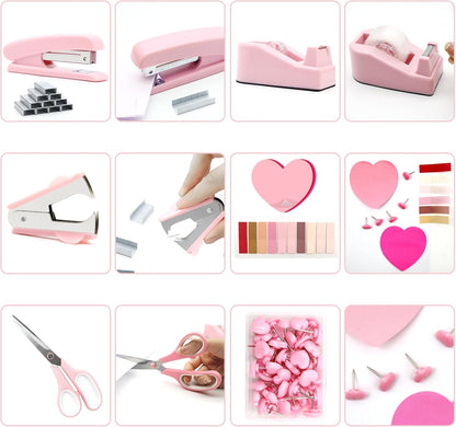 Pink Office Supplies, Pink Stapler and Tape Dispenser Set for Women